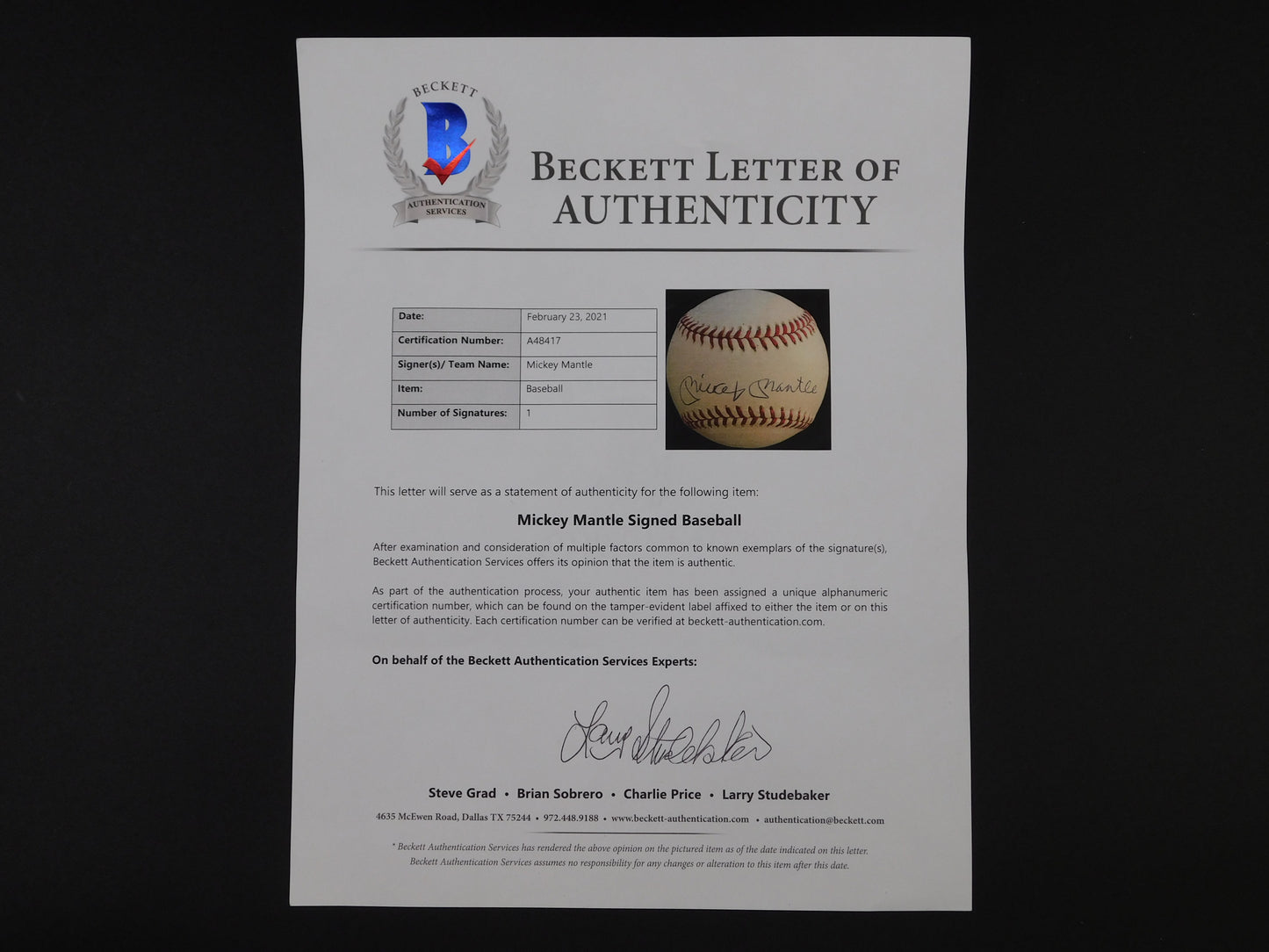 Mickey Mantle Derek Jeter & Don Mattingly Signed OAL Baseball Yankees Legends BAS LOA MLB