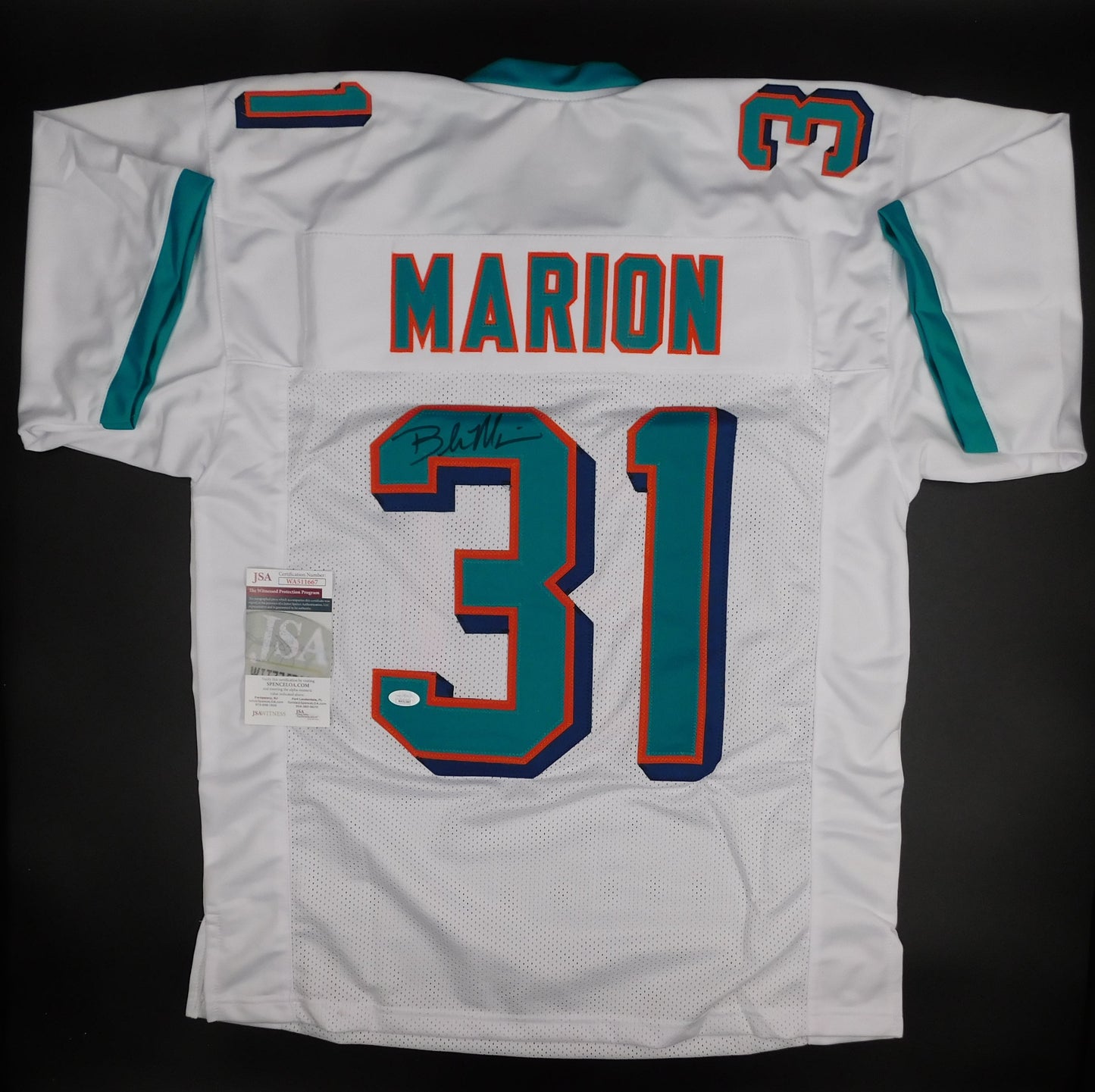 Brock Marion Signed Autographed Miami Dolphins White Football Jersey JSA COA