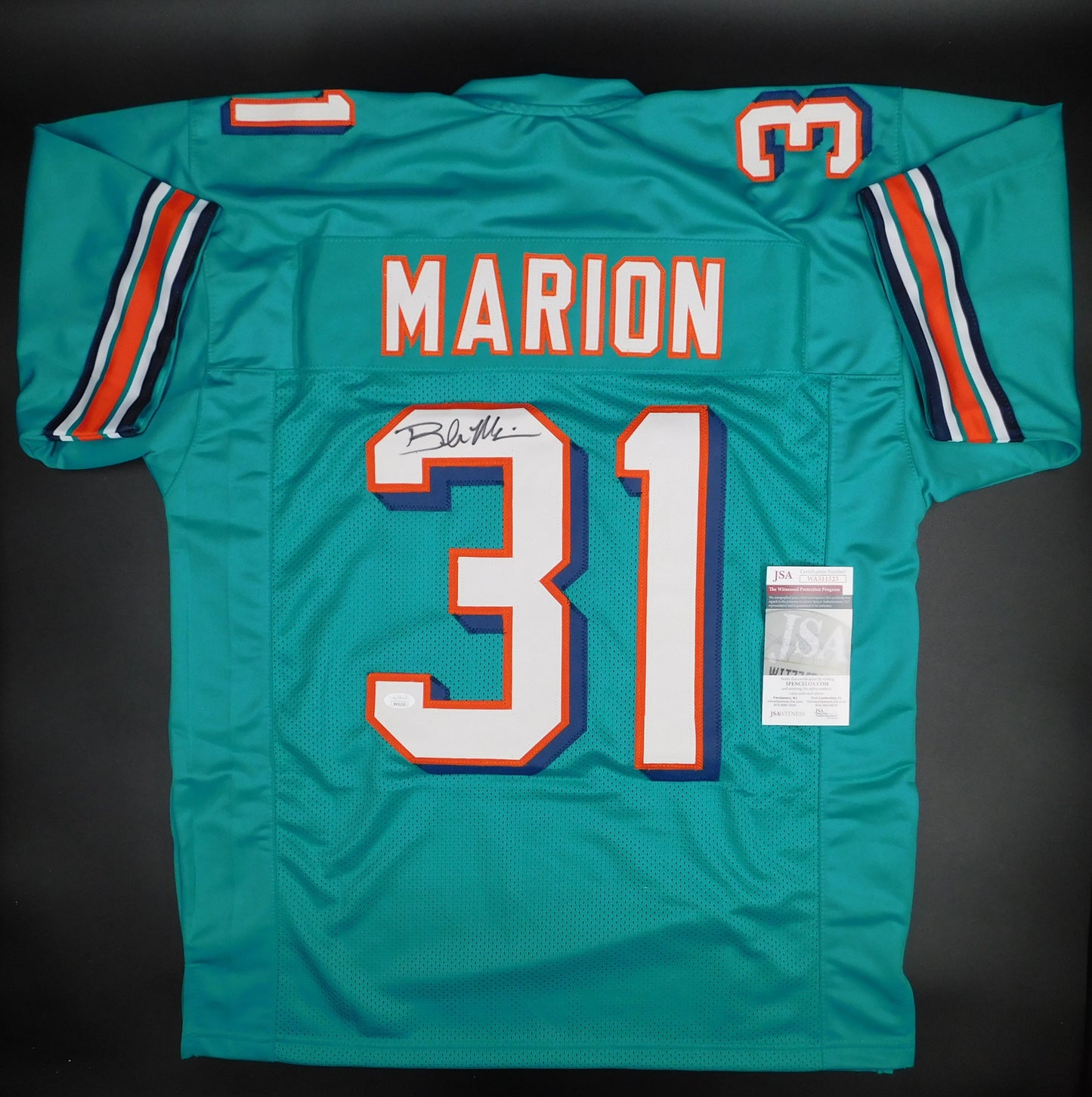 Brock Marion Signed Autographed Miami Dolphins Teal Football Jersey JSA COA