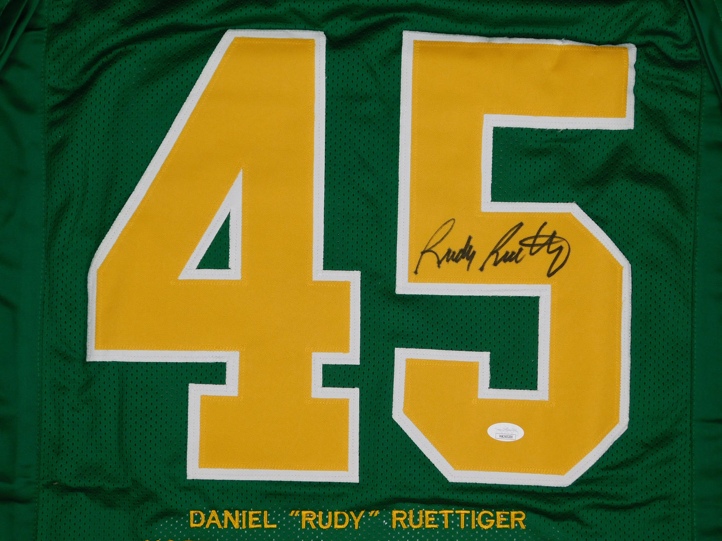 Rudy Ruettiger Signed Autographed Notre Dame Fighting Irish Green Stat Jersey JSA COA