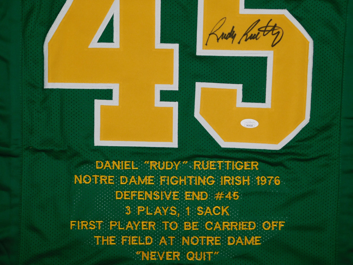 Rudy Ruettiger Signed Autographed Notre Dame Fighting Irish Green Stat Jersey JSA COA