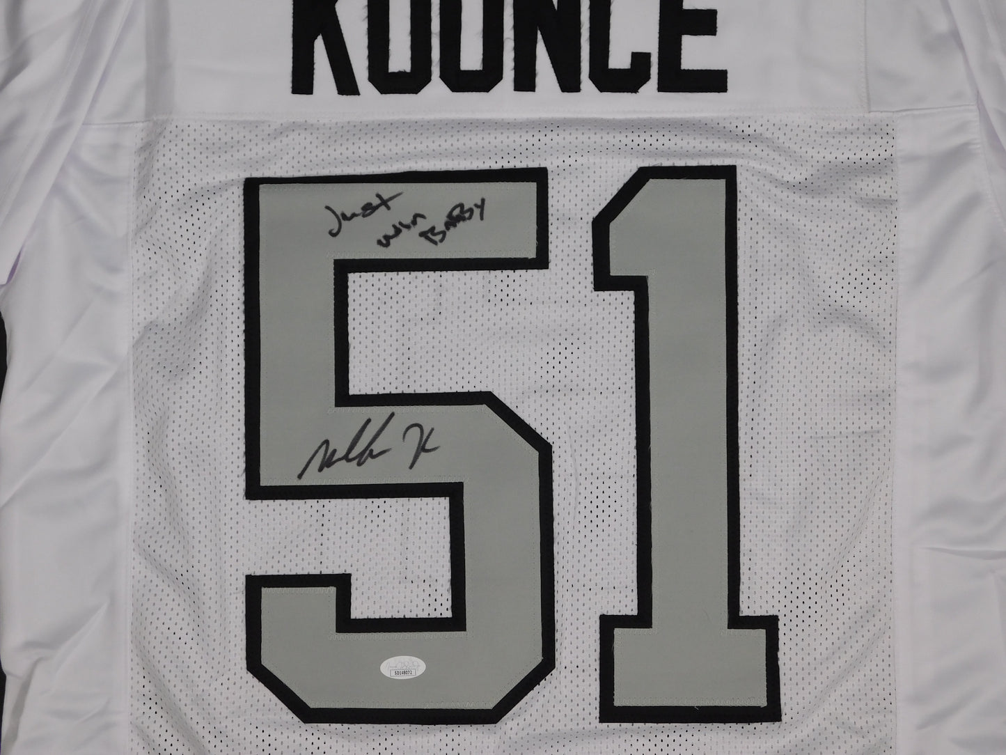 Malcolm Koonce Signed Autograph Raiders Just Win Baby White Football Jersey JSA COA