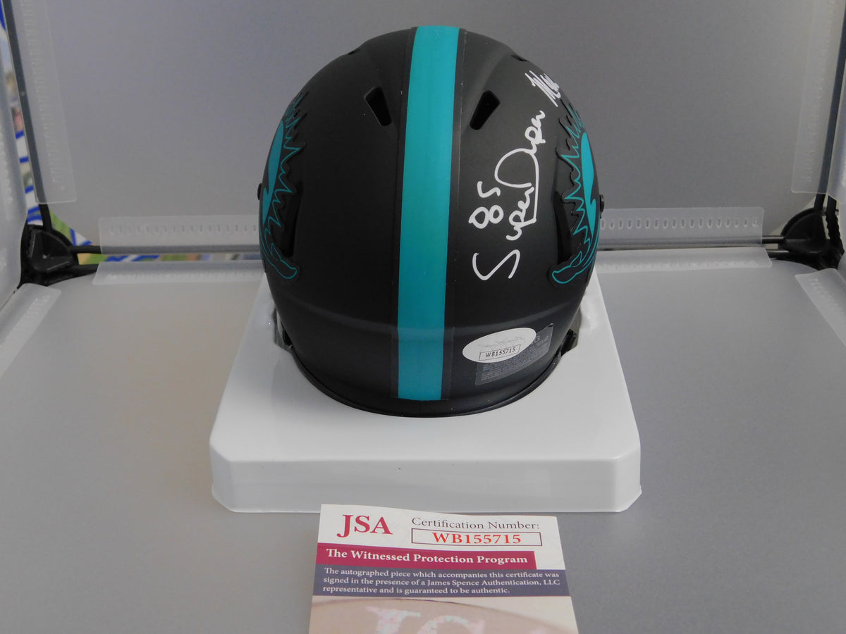 Mark Clayton & Mark Duper Dual Signed MIA Dolphins Eclipse Mini Helmet JSA COA