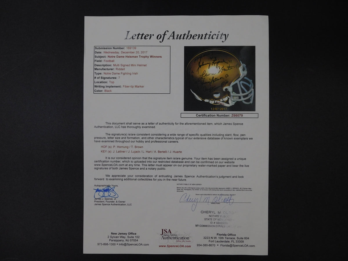 Notre Dame Heisman Trophy Winners Signed Autographed Mini Helmet Hornung 7 Autos JSA LOA
