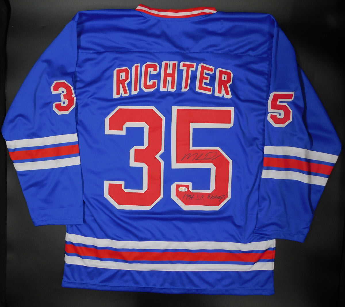 Mike Richter Signed Autographed Inscribed New York Rangers Blue Hockey Jersey 1994 SC Champs JSA COA
