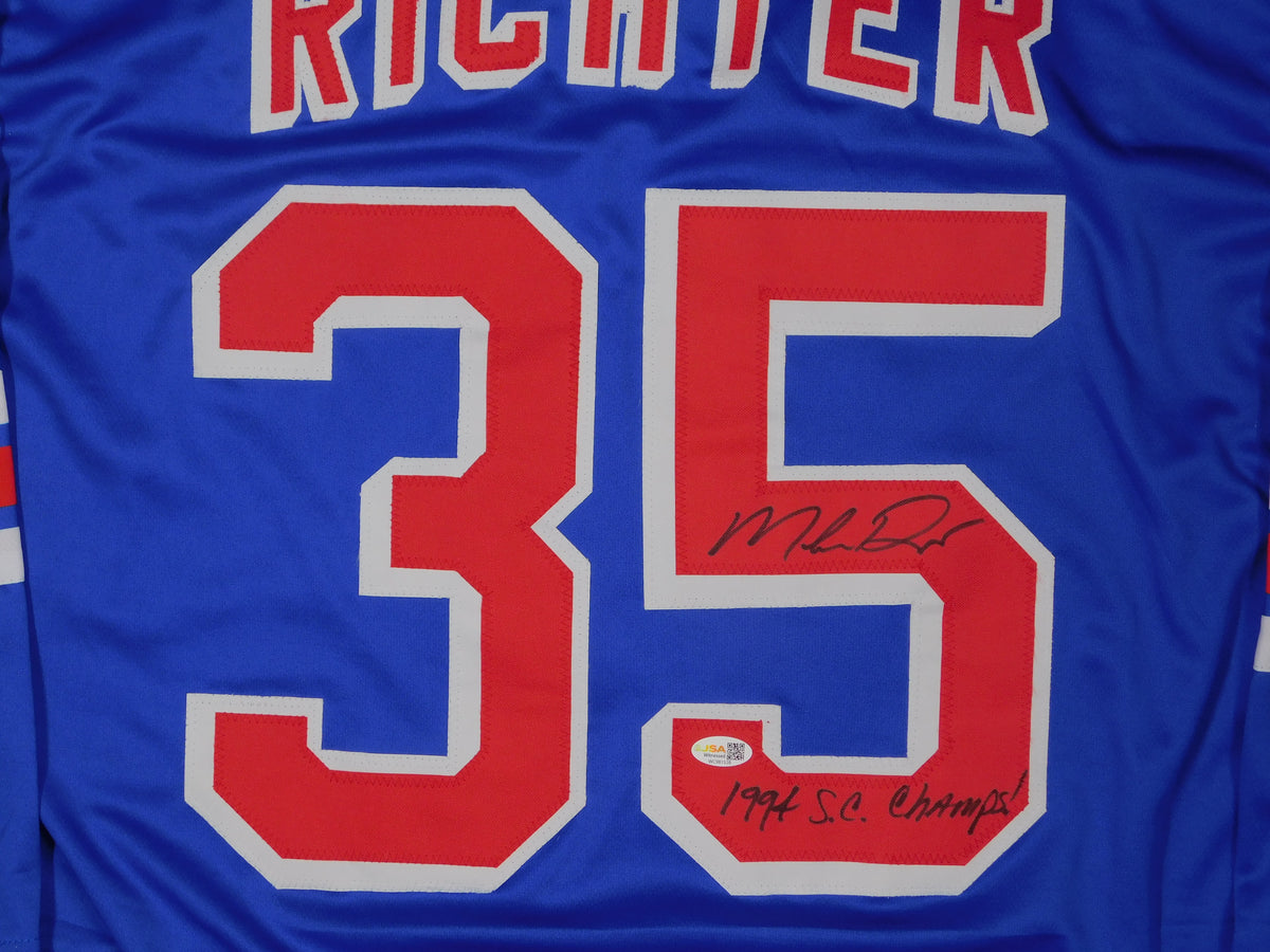 Mike Richter Signed Autographed Inscribed New York Rangers Blue Hockey Jersey 1994 SC Champs JSA COA
