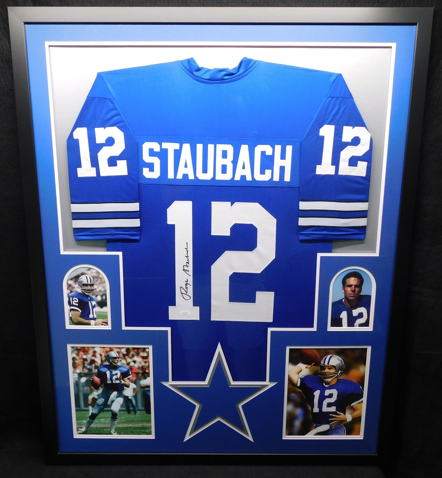 Roger Staubach Signed Autographed Framed Dallas Cowboys Blue Throwback Jersey HOF JSA COA