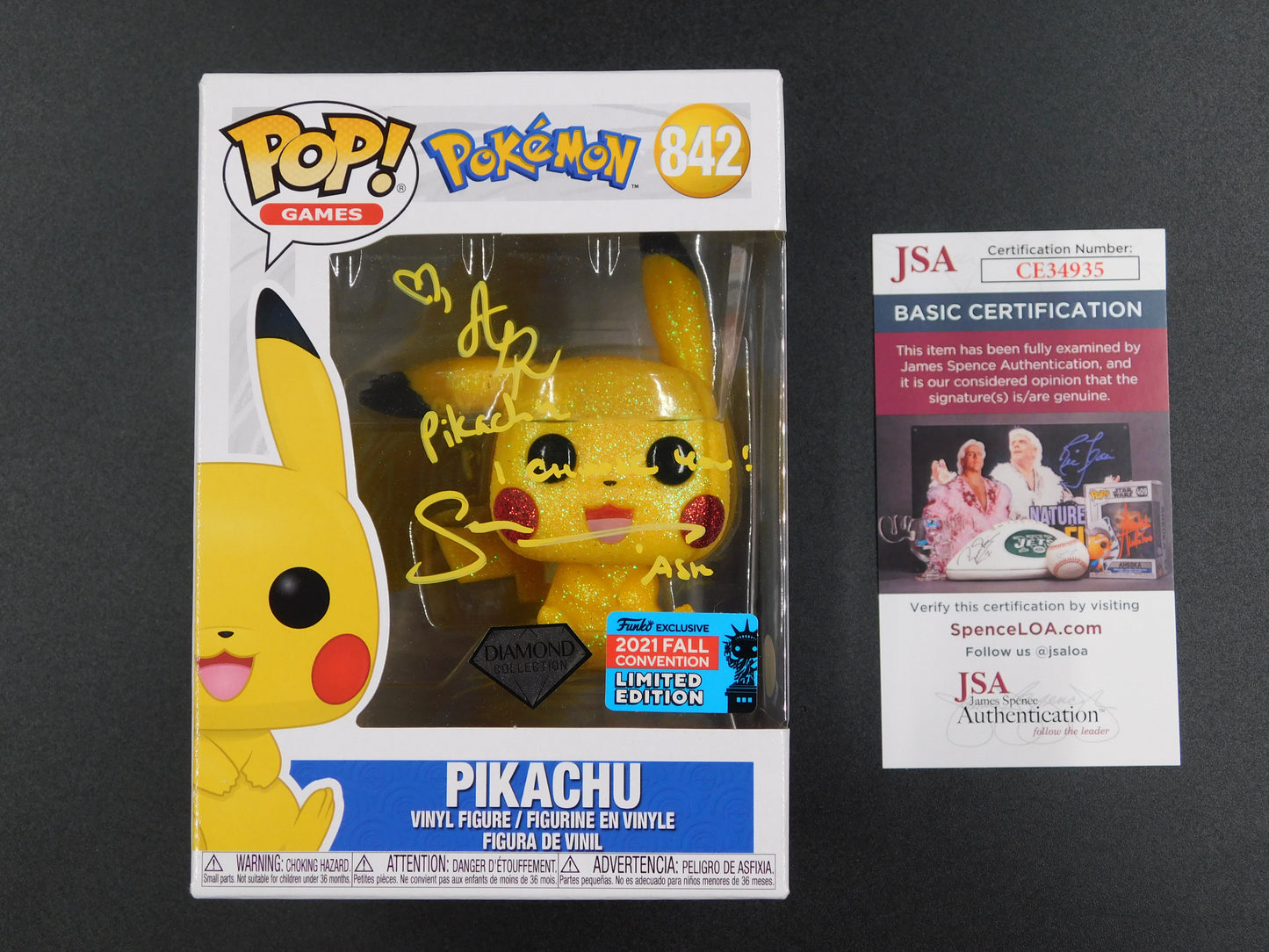 Sarah Natochenny & Alyson Rosenfeld Dual Signed Autographed Funko Pop 842 Diamond Pikachu & Ash Pokemon JSA COA