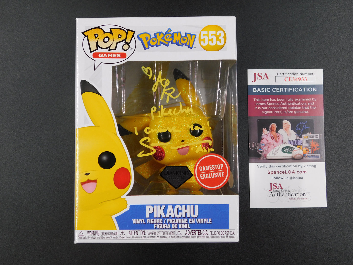Sarah Natochenny & Alyson Rosenfeld Dual Signed Autographed Funko Pop 553 Diamond Pikachu & Ash Pokemon JSA COA