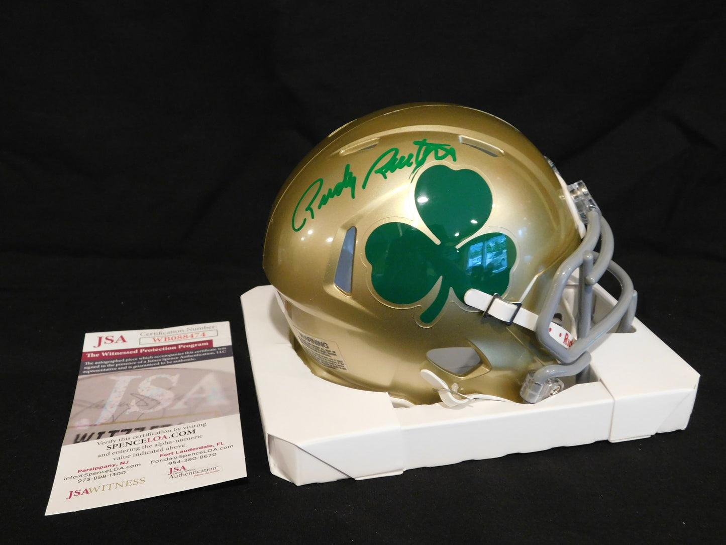 Rudy Ruettiger Signed Autographed Notre Dame Fighting Irish Shamrock Speed Mini Helmet JSA COA