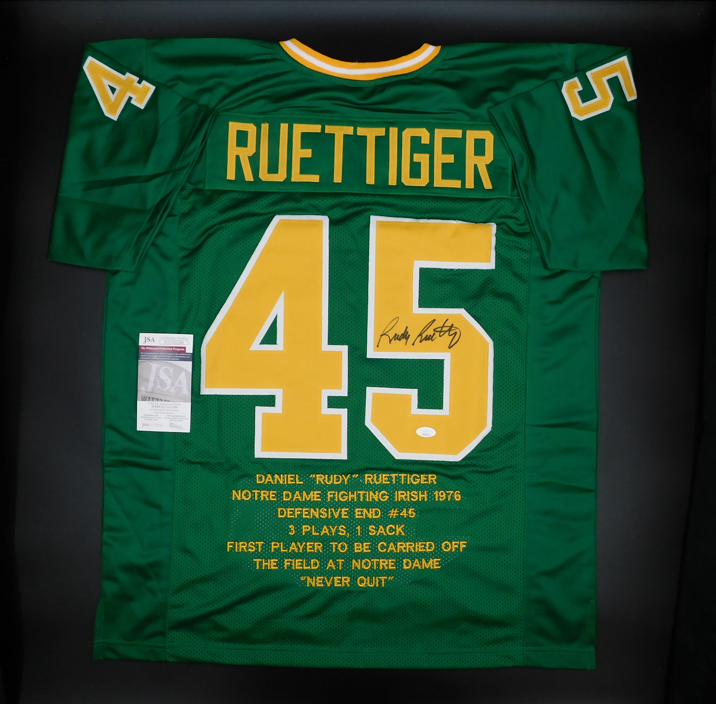 Rudy Ruettiger Signed Autographed Notre Dame Fighting Irish Green Stat Jersey JSA COA