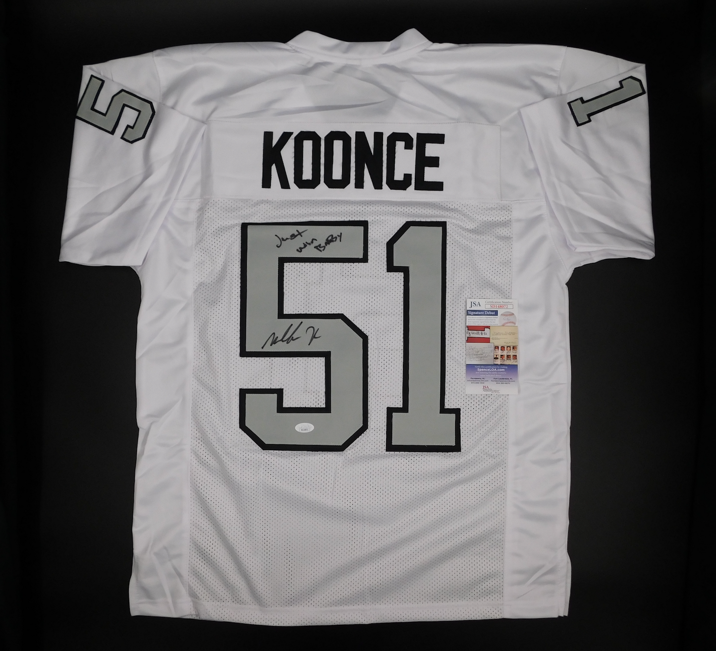 Malcolm Koonce Signed Autograph Raiders Just Win Baby White Football Jersey JSA COA