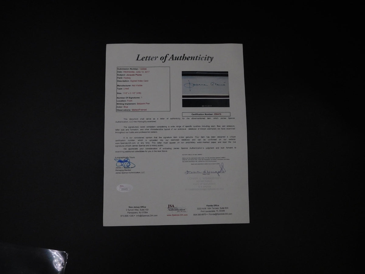 Jacques Plante Signed Autographed Framed Index Card Montreal Canadiens JSA LOA