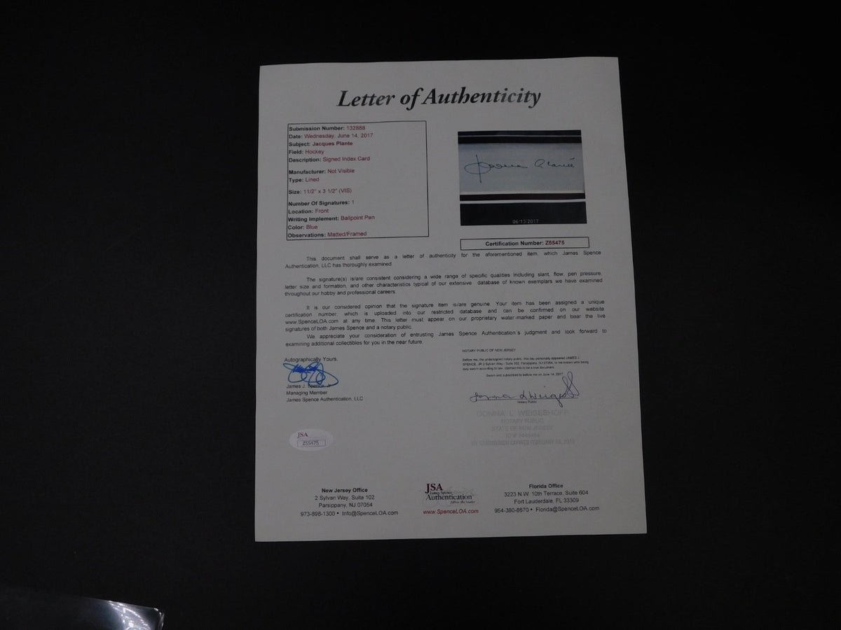 Jacques Plante Signed Autographed Framed Index Card Montreal Canadiens JSA LOA