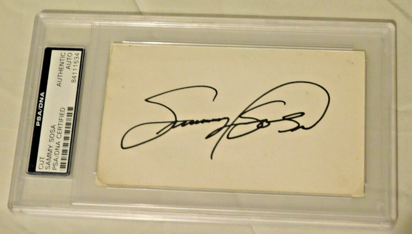 SAMMY SOSA Signed / Autographed 3x5 Index Card PSA SLAB Chicago Cubs Legend