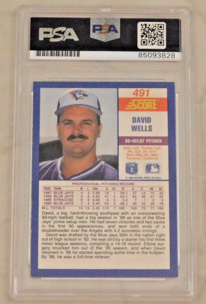 DAVID WELLS Signed / Autographed 1990 Score Baseball Card #491 PSA Slab