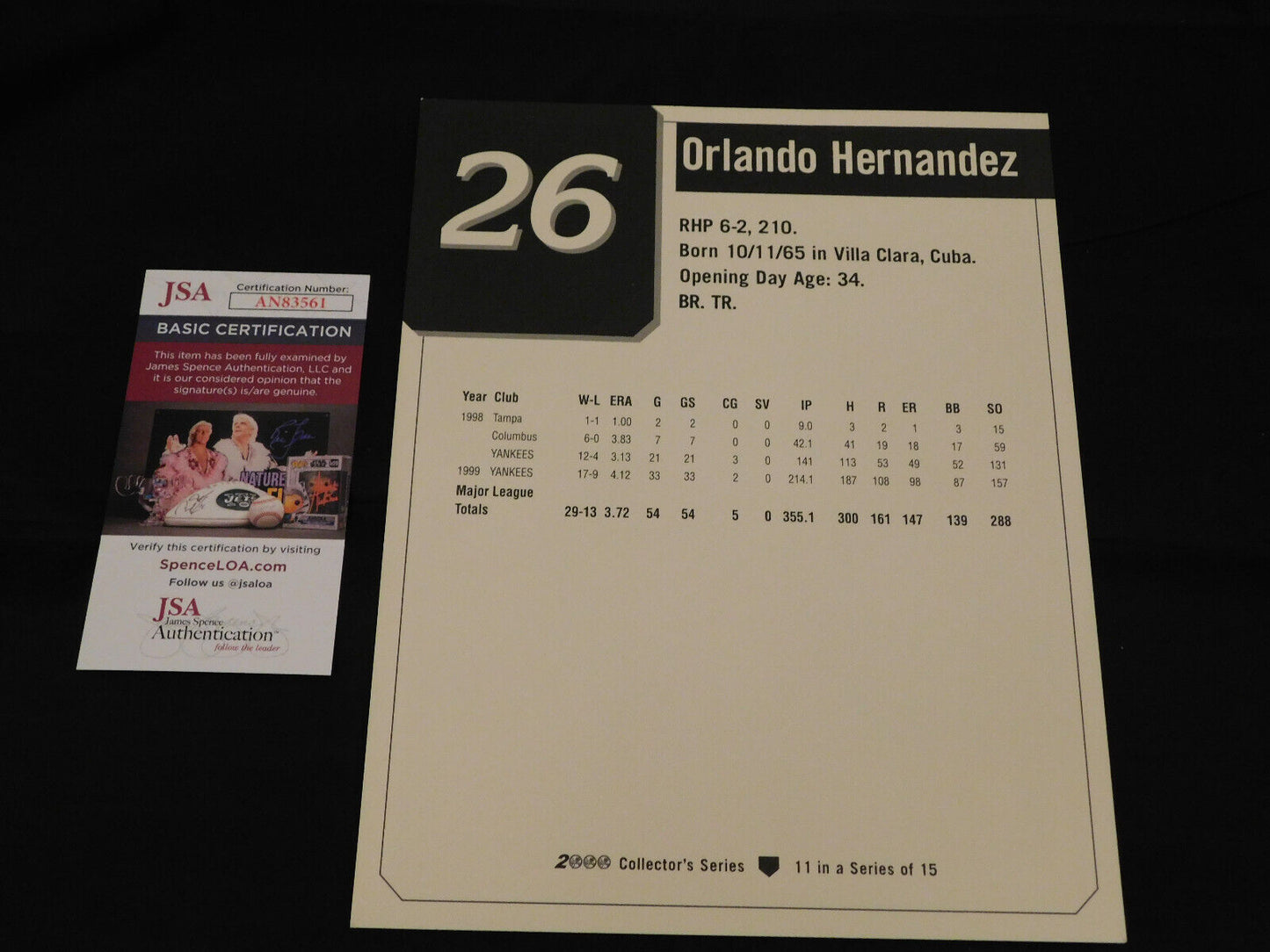 ORLANDO HERNANDEZ Signed 2000 Collectors Series 8x10 Yankees Photo JSA COA