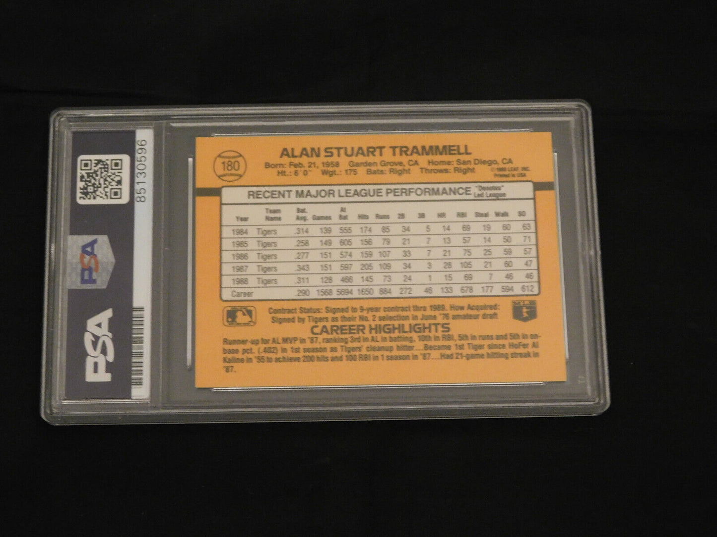 Alan Trammell Signed / Autographed 1989 FDonruss Baseball Card #180 PSA Slab HOF