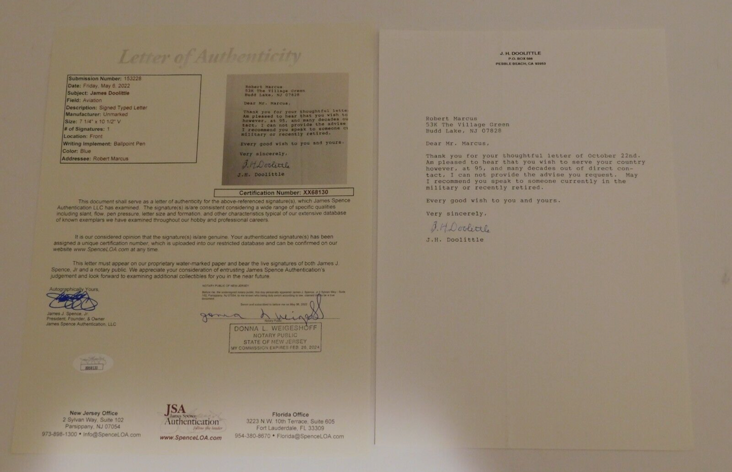 General James JH Doolittle Signed Autographed Typed Letter JSA LOA Pearl Harbor