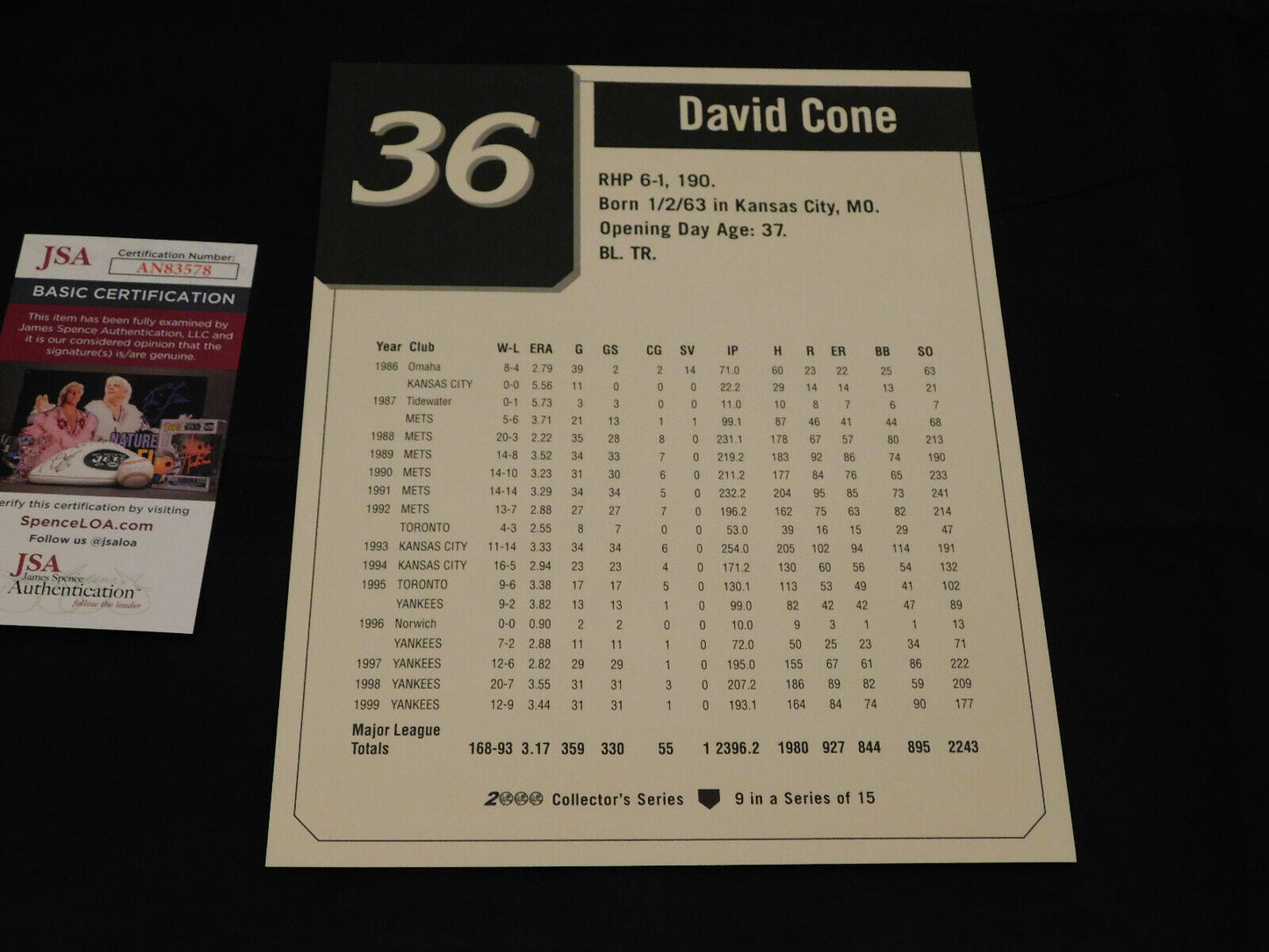 DAVID CONE Signed 2000 Collectors Series 8x10 Photo New York Yankees JSA COA (B)