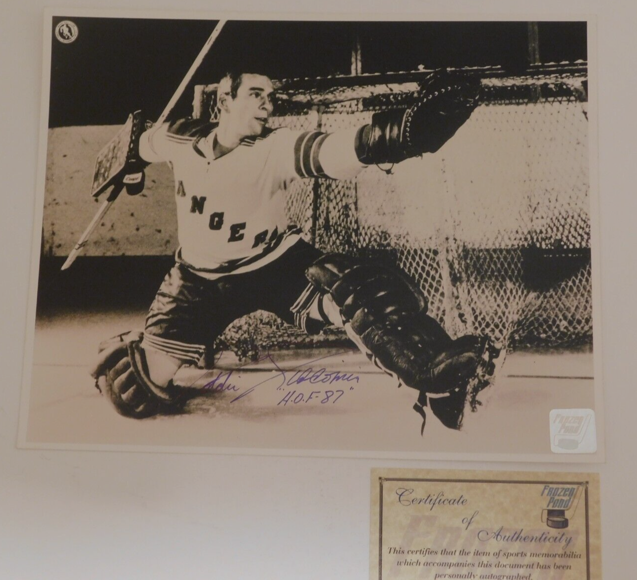 Eddie Giacomin Signed Autographed 8x10 Photo New York Rangers NHL HOF BW Frozen Pond COA