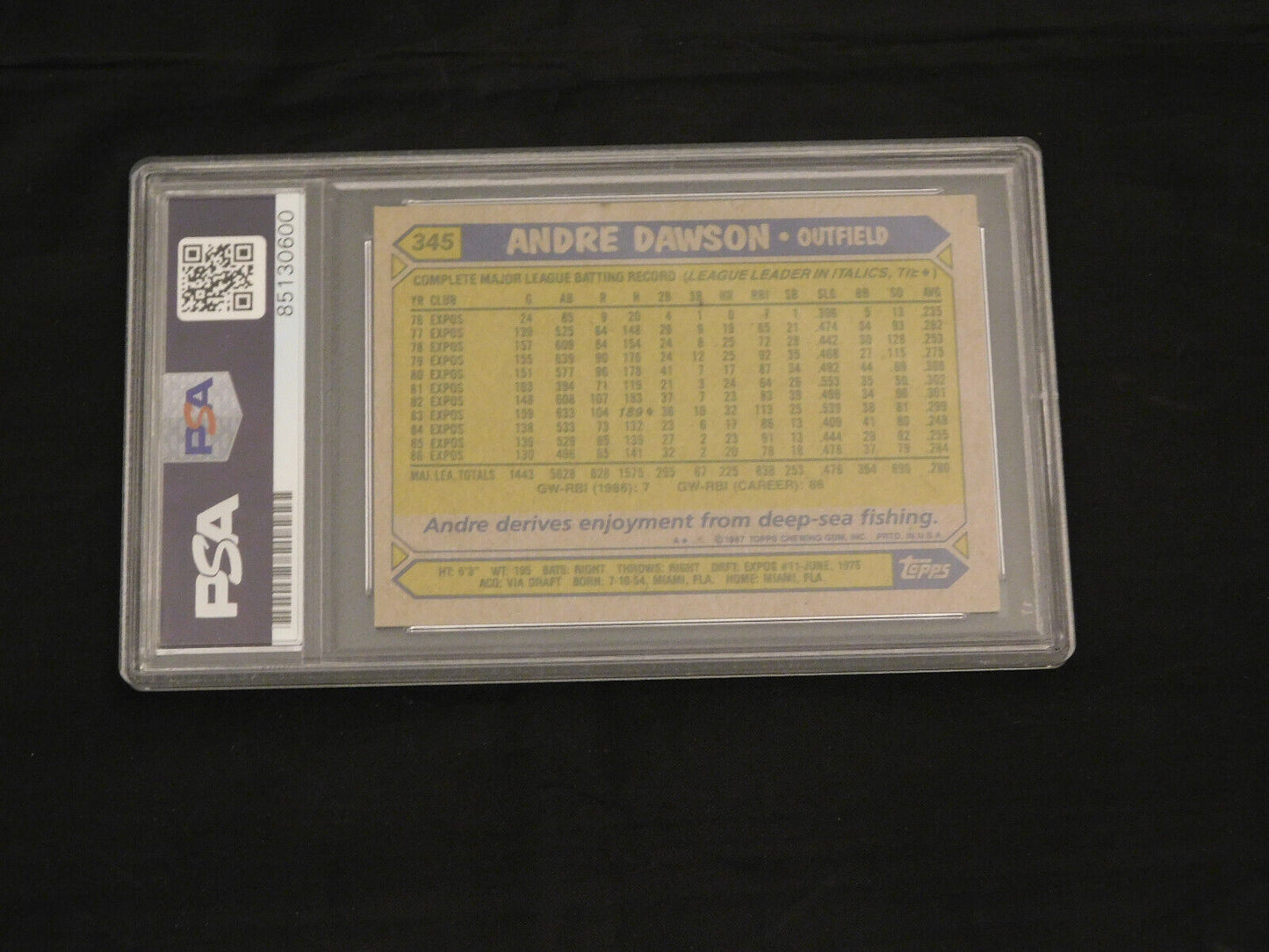 Andre Dawson Signed / Autographed 1987 Topps Baseball Card #345 PSA Slab HOF