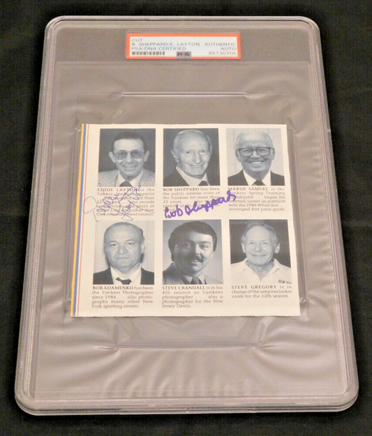 Bob Sheppard & Eddie Layton Signed New York Yankees Yearbook Page PSA Slab Rare Autos (B)