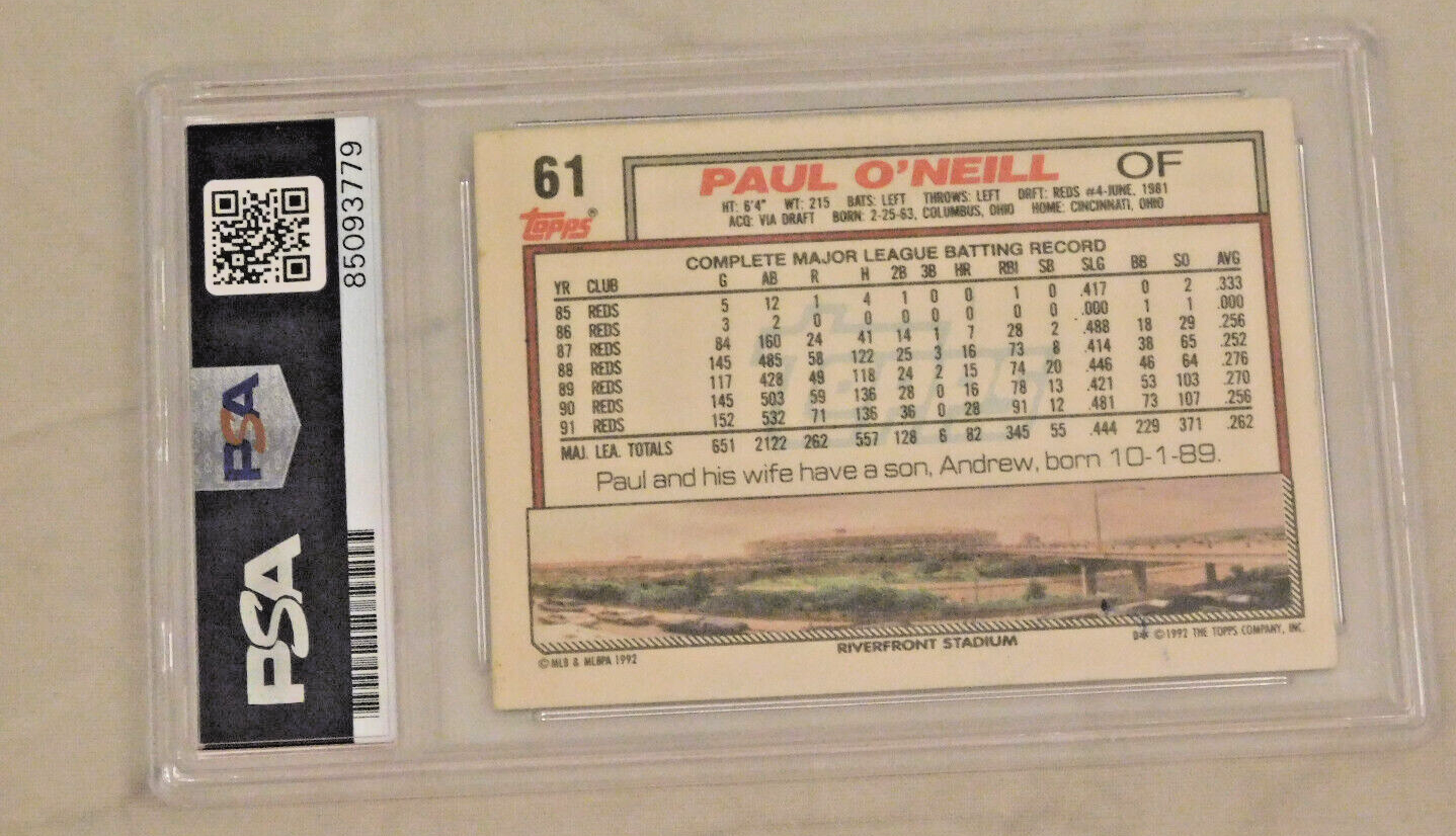 PAUL O'NEILL Signed / Autographed 1992 Topps Baseball Card #61 PSA Slab