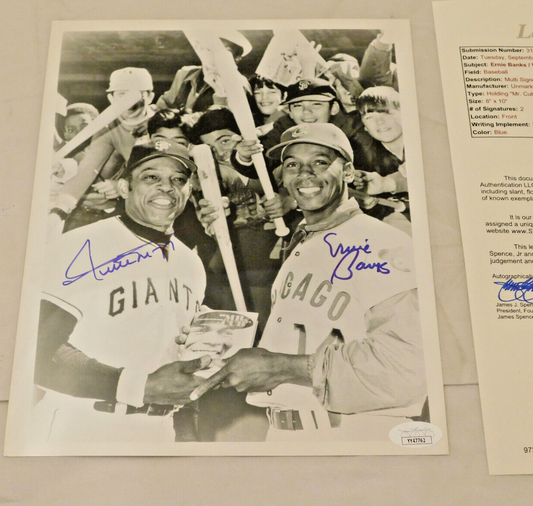 Willie Mays & Ernie Banks Signed / Autographed 8x10 Black & White Photo JSA LOA