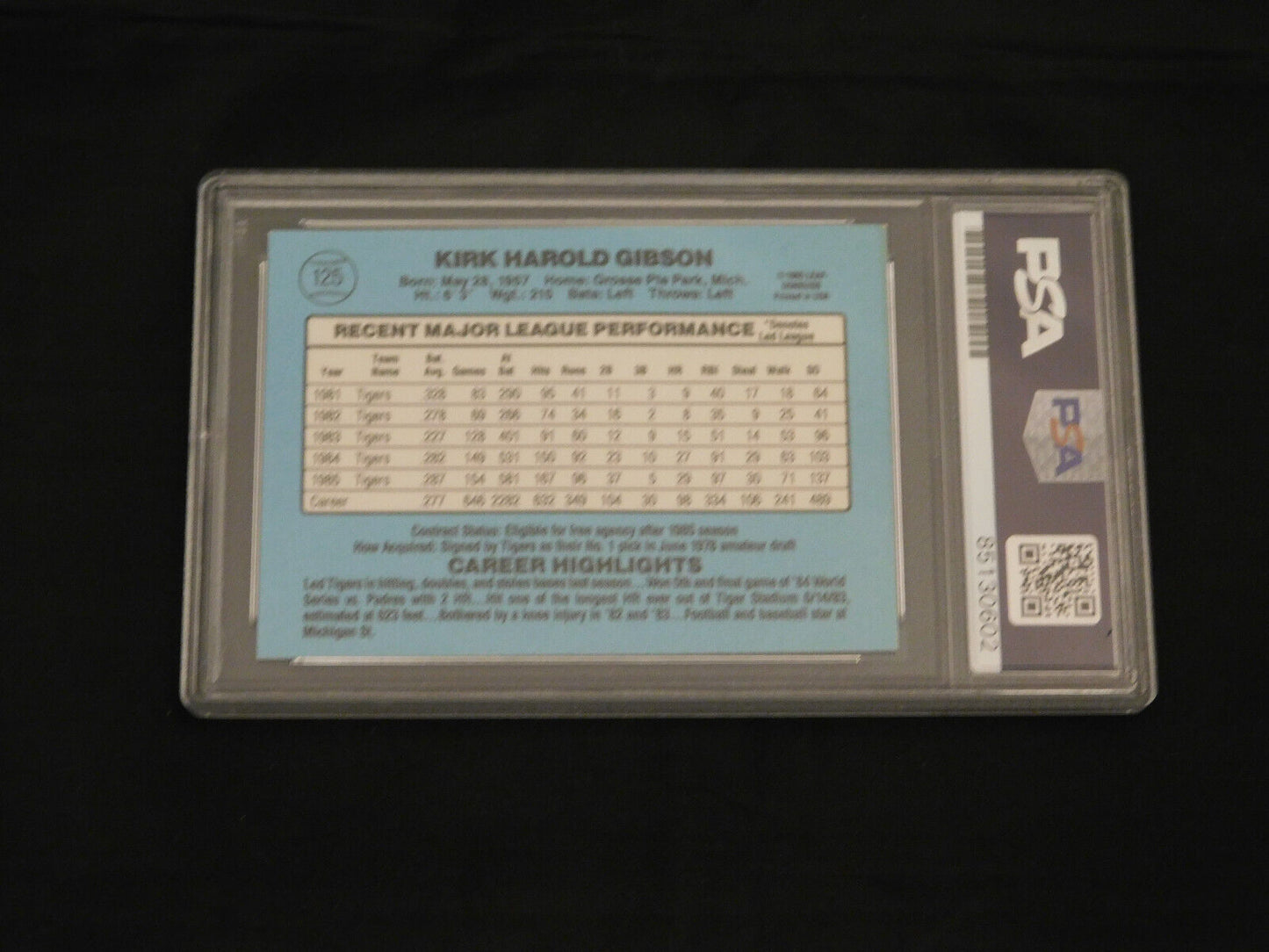 Kirk Gibson Signed / Autographed 1986 Donruss Baseball Card #125 PSA Slab