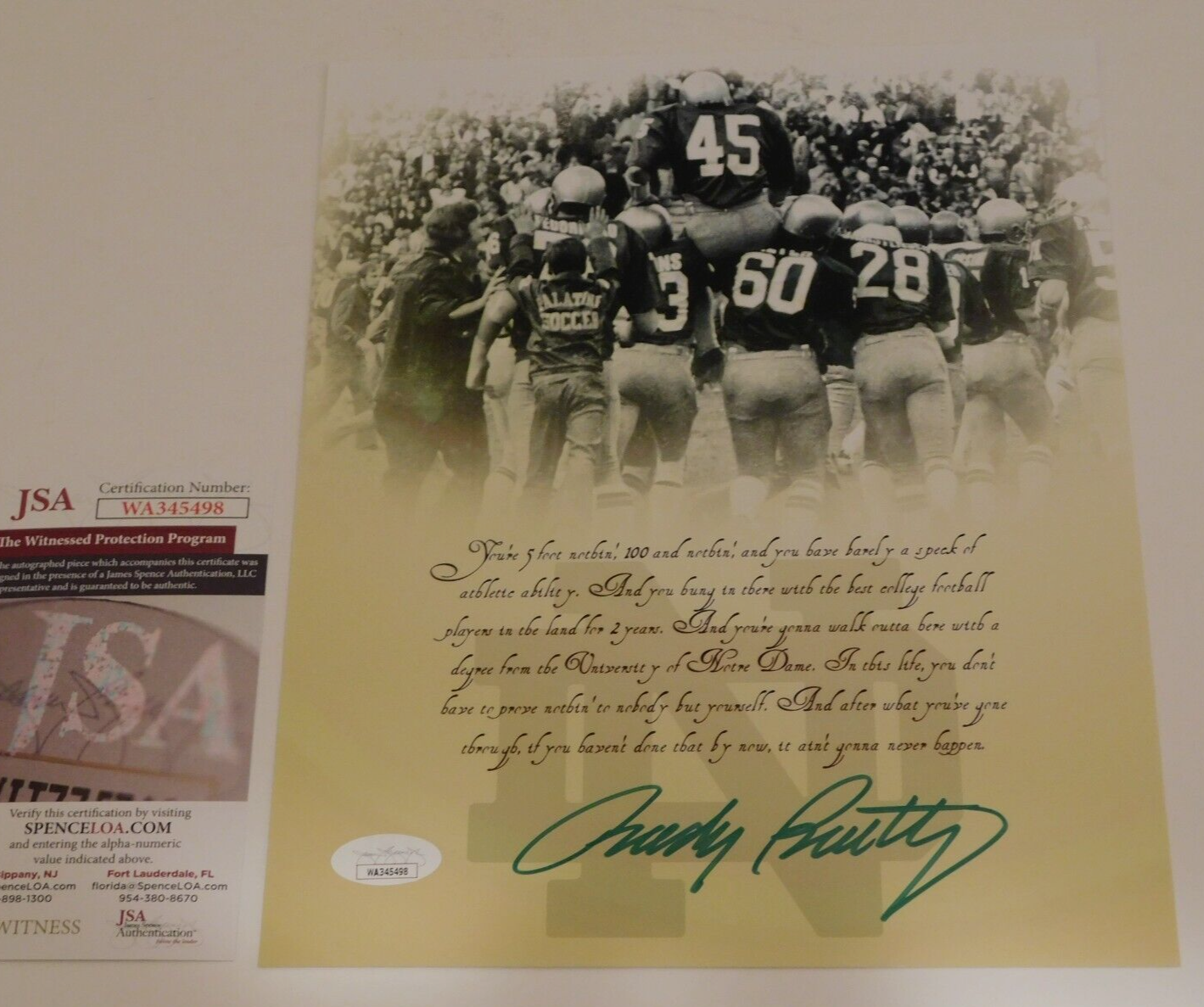 Rudy Ruettiger Signed Autographed 8x10 Photo Notre Dame Irish JSA COA Rudy's Speech