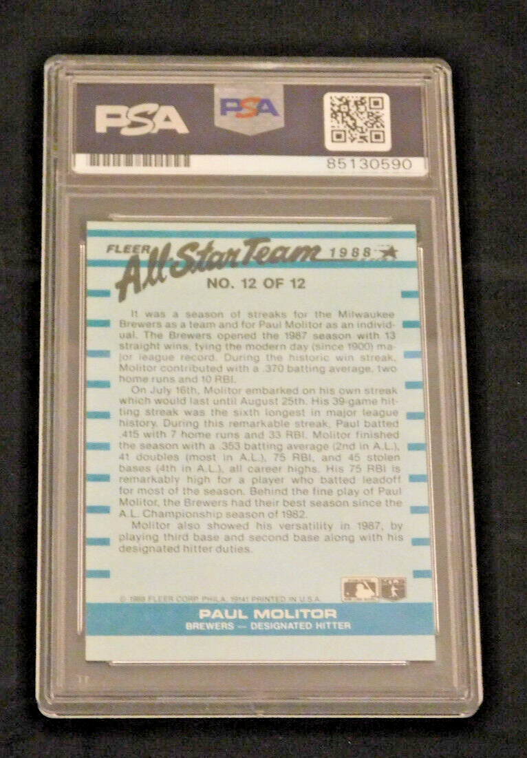 Paul Molitor Signed / Autographed 1988 Fleer All Star Card PSA Slab HOF