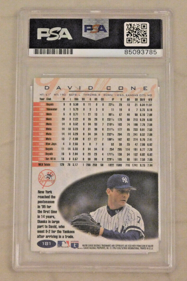 DAVID CONE Signed / Autographed 1996 Fleer Baseball Card #181 PSA Slab