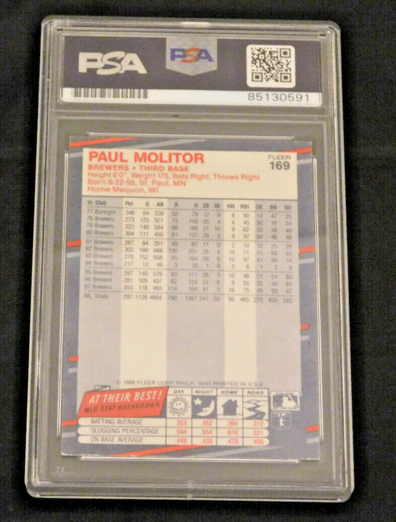 Paul Molitor Signed / Autographed 1988 Fleer Baseball Card #169 PSA Slab HOF