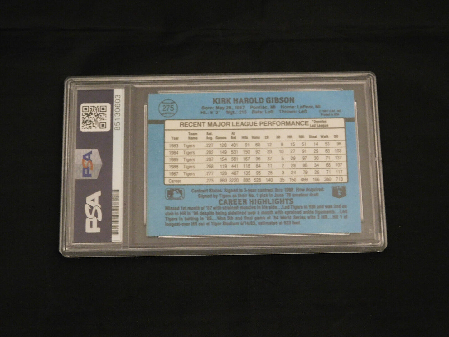 Kirk Gibson Signed / Autographed 1988 Donruss Baseball Card #275 PSA Slab