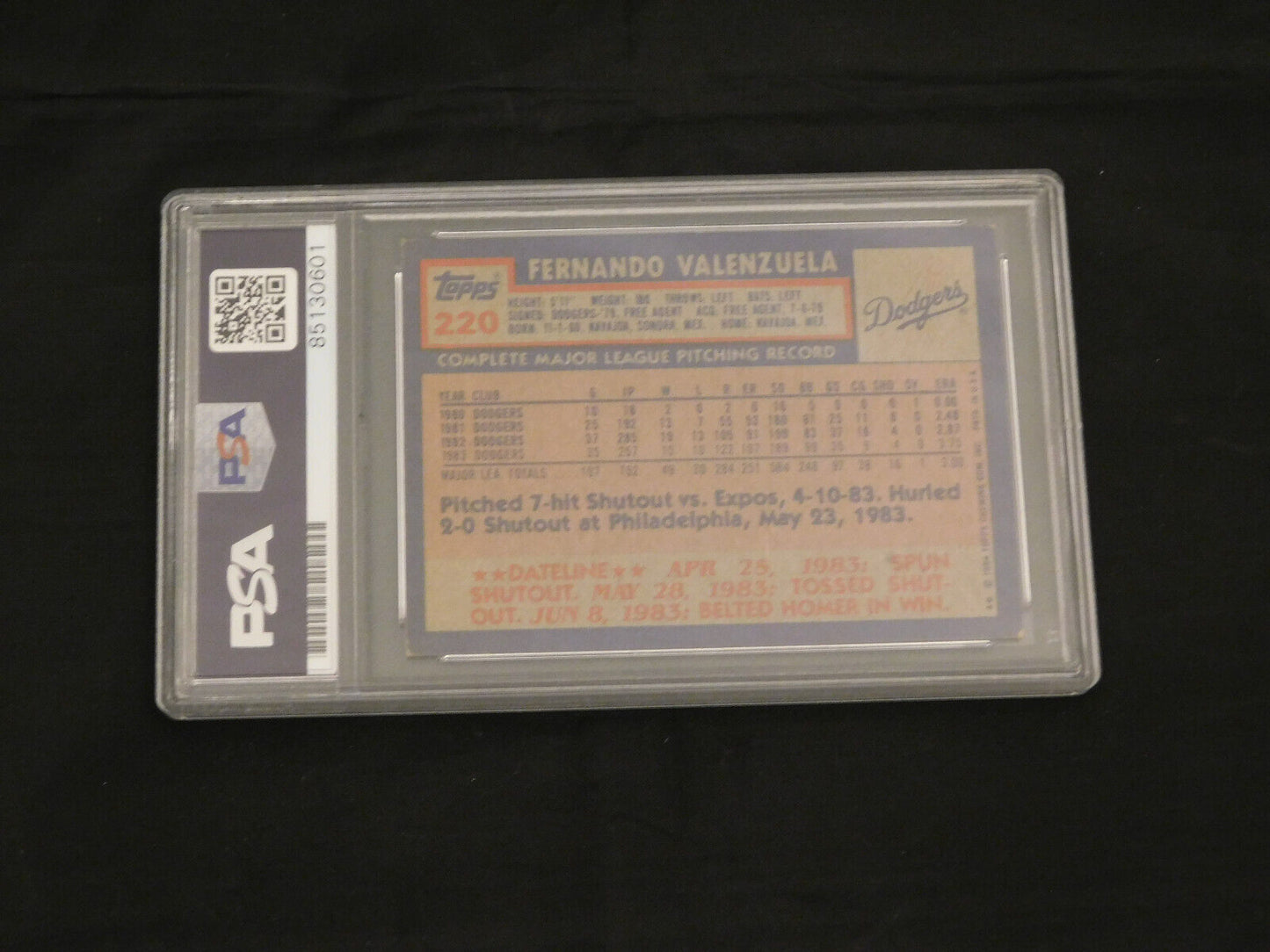 Fernando Valenzuela Signed / Autographed 1984 Topps Baseball Card #220 PSA Slab